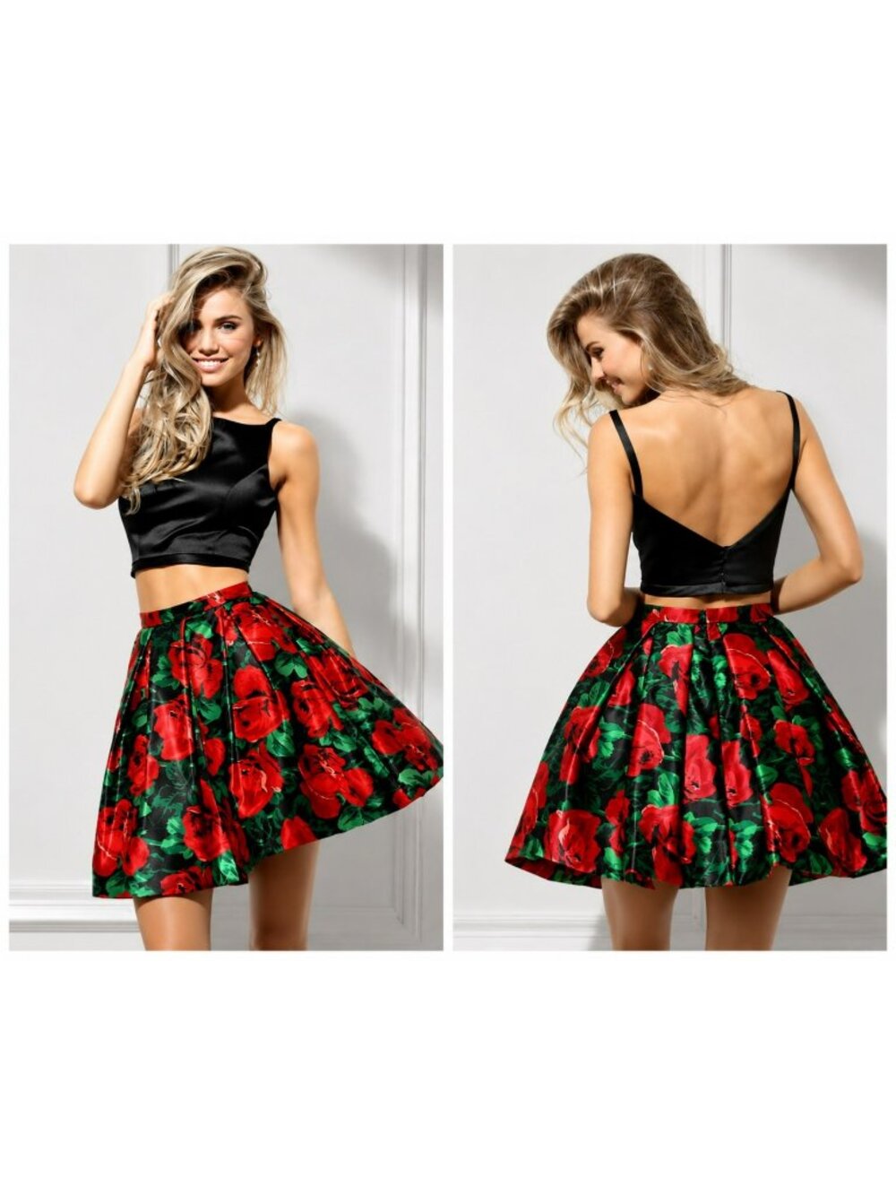 Sherri Hill Size 2 Red Rose Floral Satin Full Skater Party Skirt